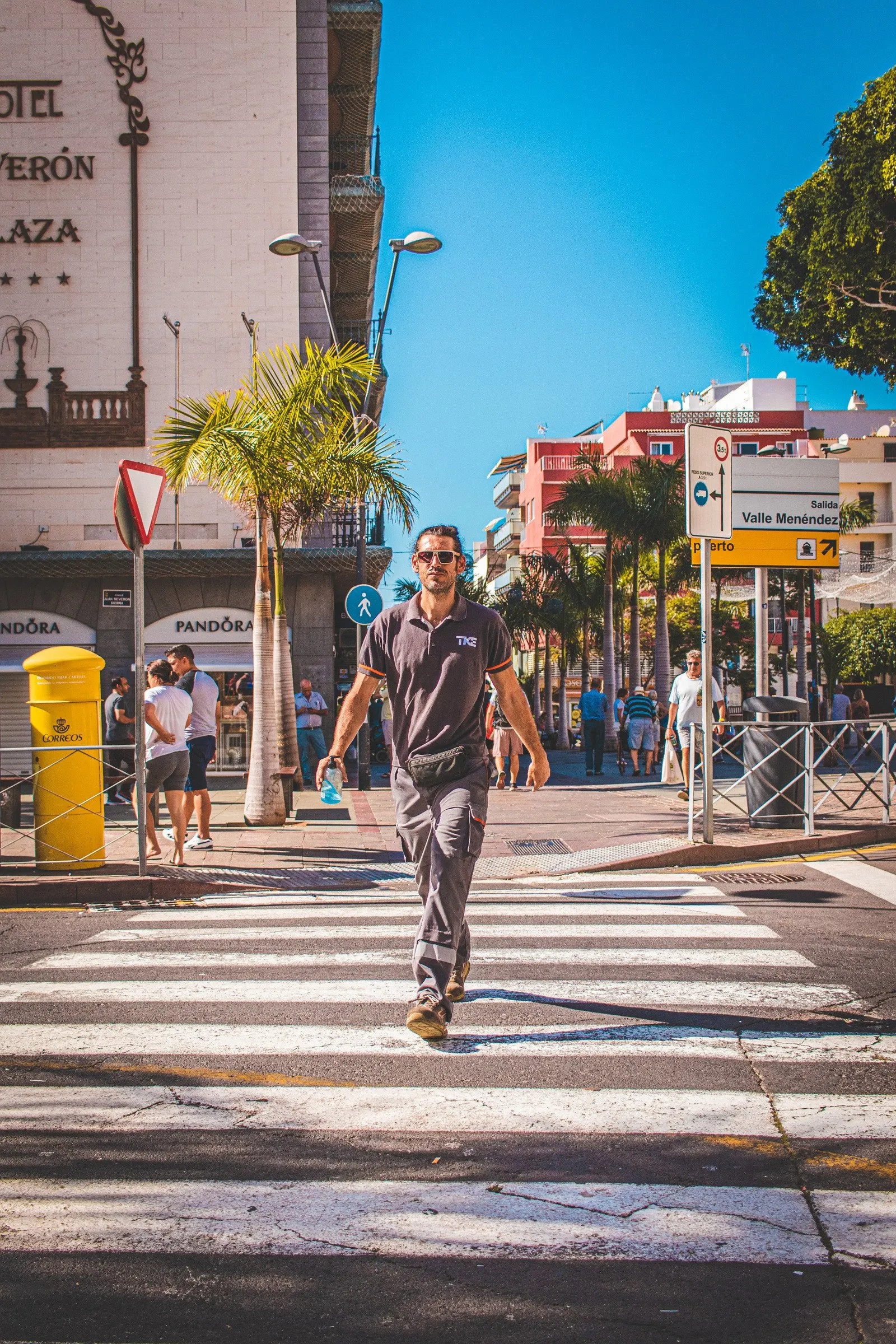 Man in a grey shirt crossing a zebra crossing on a sunny street lined with palm trees